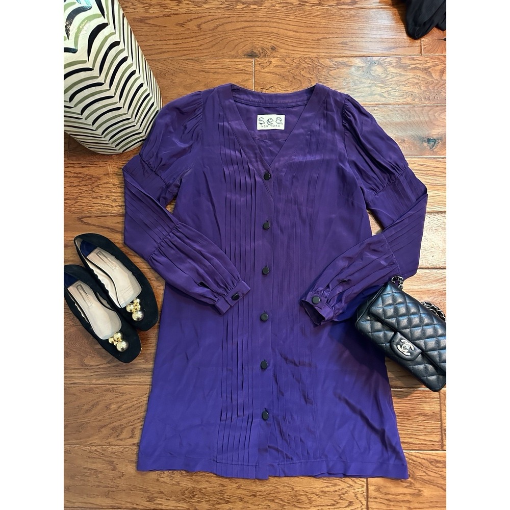 Sea New York Purple 100% Silk Pleated Pintuck Dress Sz S Puff Sleeve Made in USA
